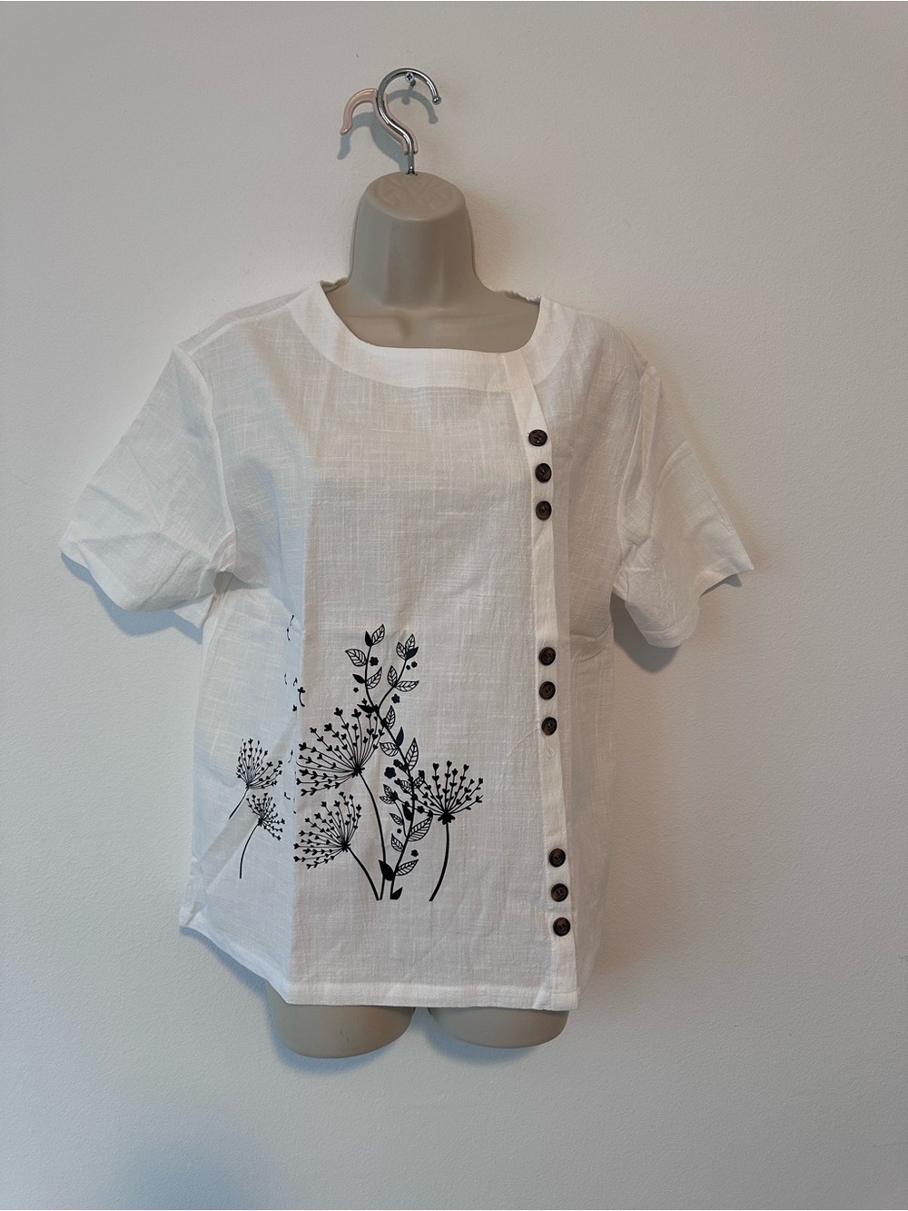 White Floral Button-Accent Top